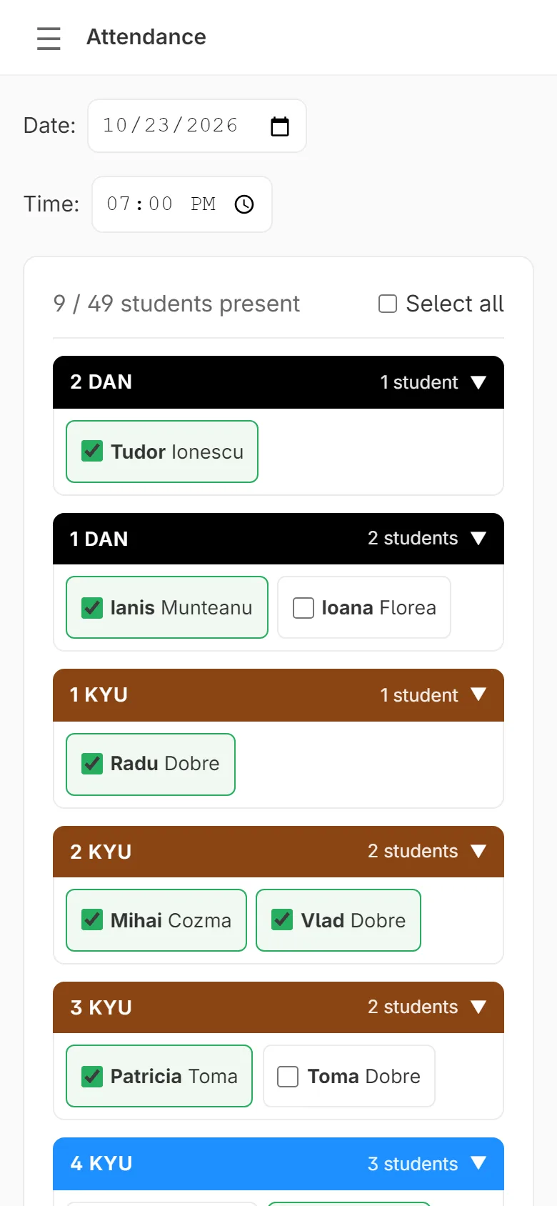 Taking attendance on a phone: students grouped by belt, with a tick next to everyone at the 19:00 class.