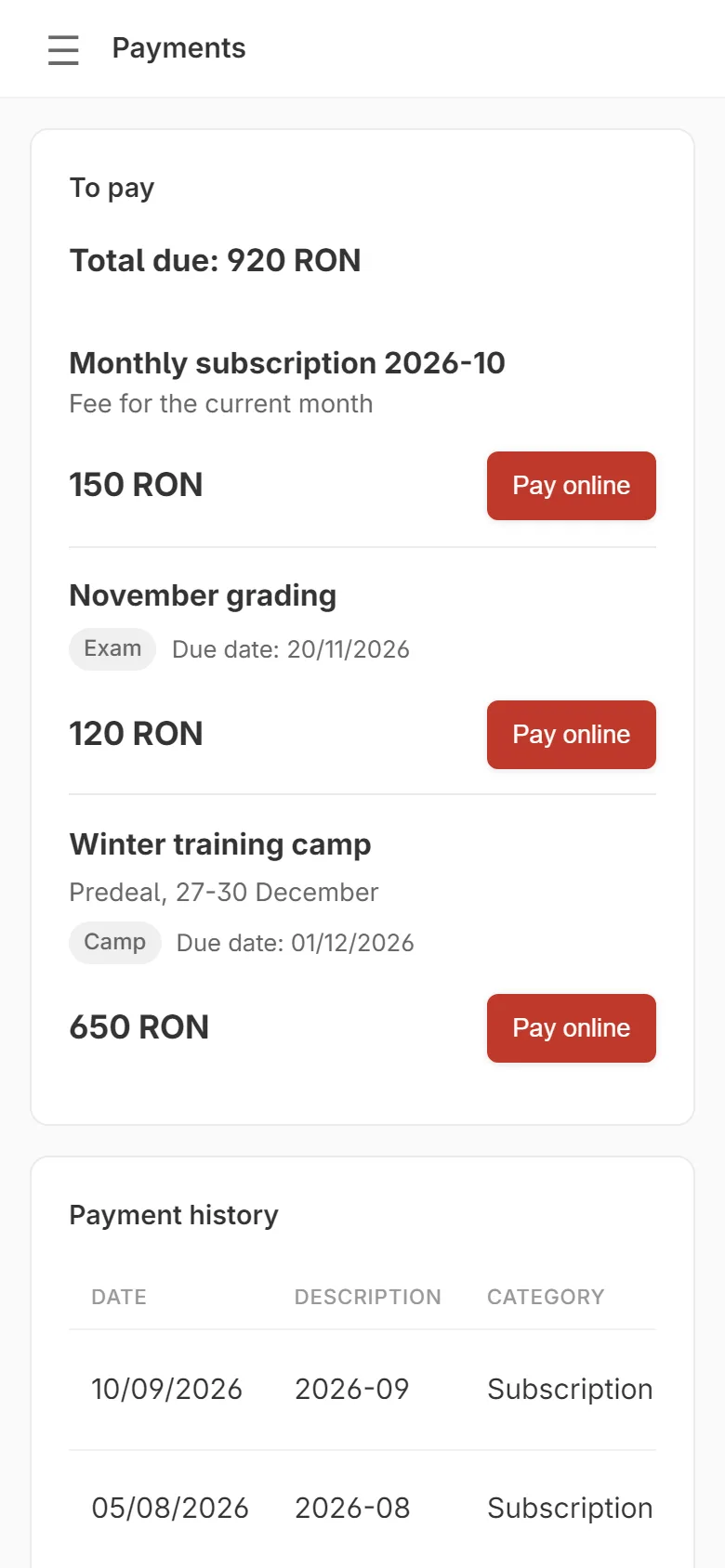 Payments in a student’s account: this month’s fee, the grading fee and a training camp, each with a Pay online button.
