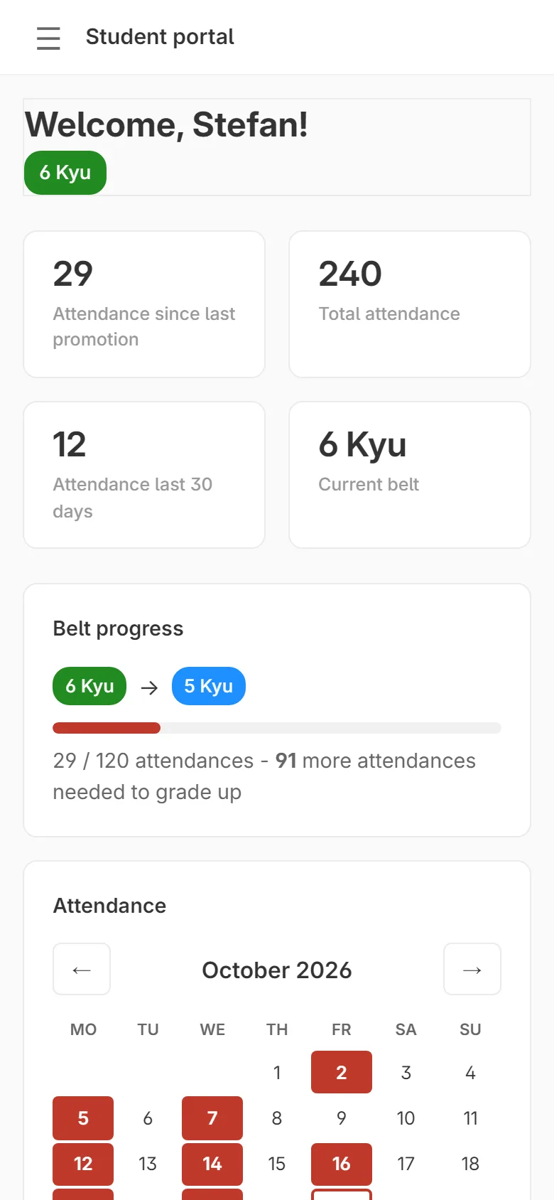 A student’s account: classes since the last promotion, total classes, progress towards the next belt and an attendance calendar.