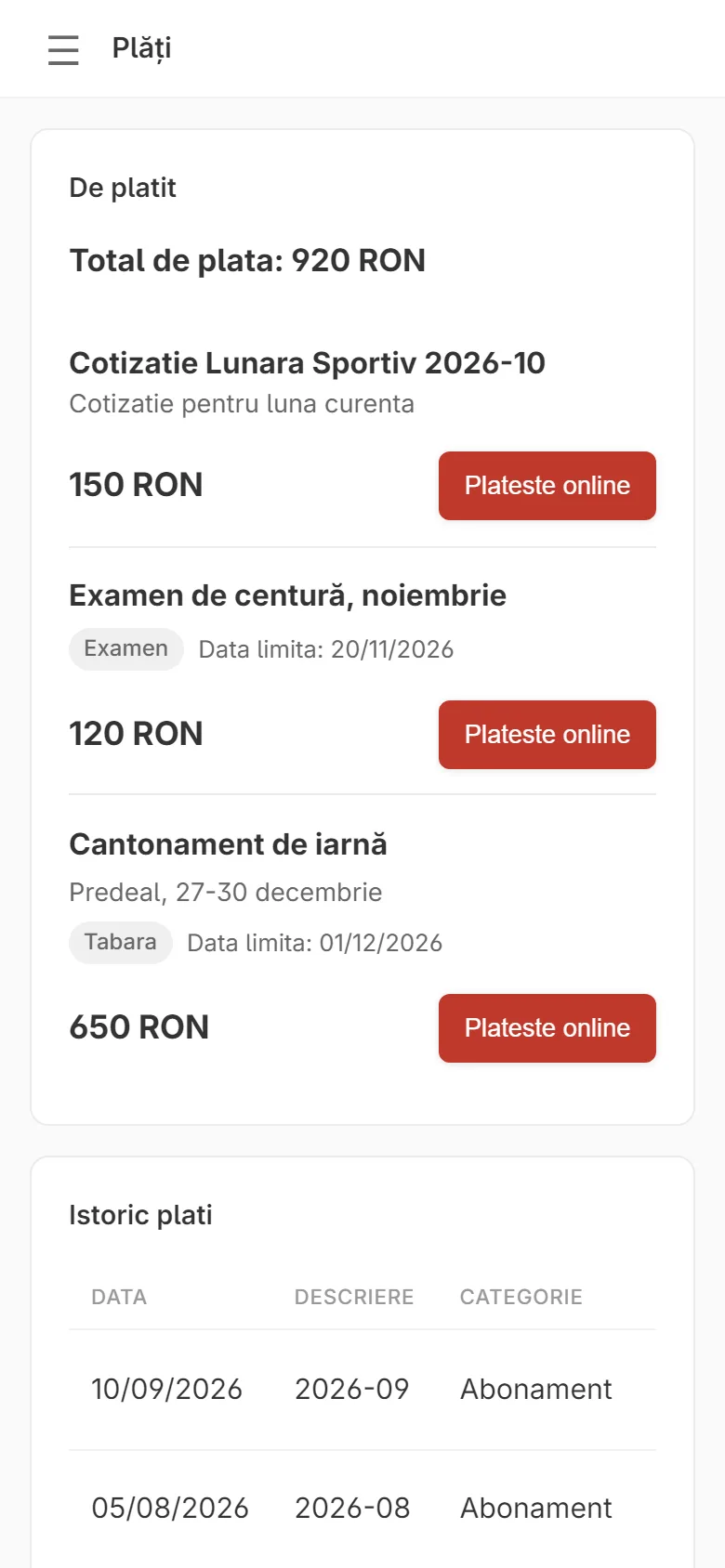 Plățile din contul sportivului: cotizația lunii, taxa de examen și cantonamentul, fiecare cu butonul Plătește online.