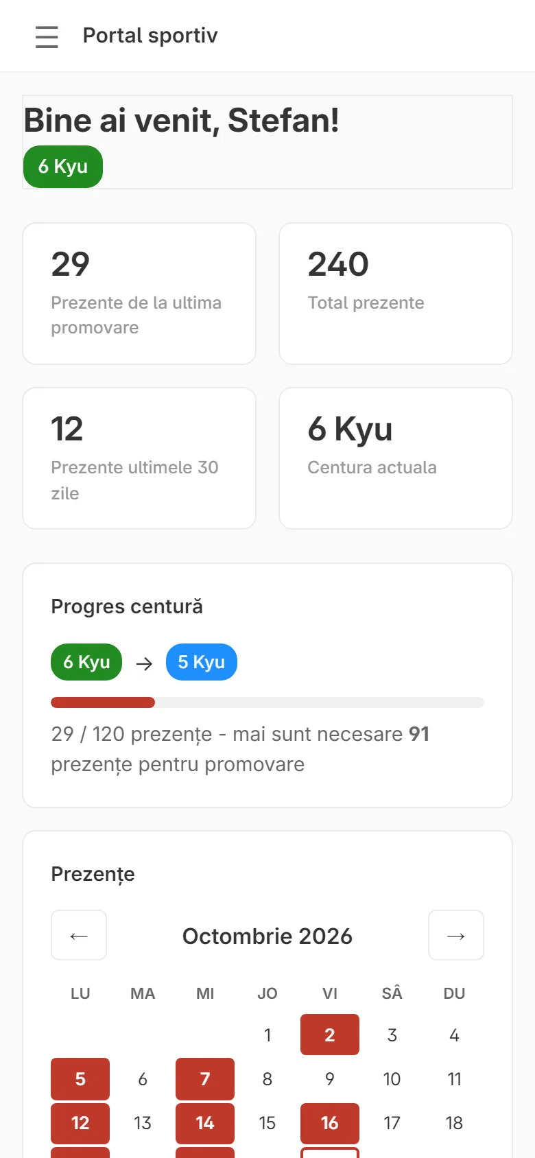 Contul unui sportiv: prezențe de la ultima promovare, total prezențe, progresul spre centura următoare și calendarul prezențelor.
